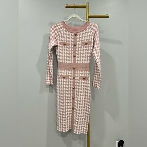 Pink and White Houndstooth Knit Midi Dress With Gold Buttons